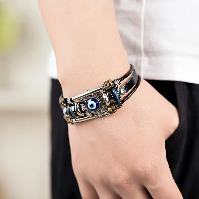 Turkish Blue Eyes Alloy Accessories Multilayer  Bracelet Stainless Steel Double Buckle Series Leather Charm Jewelry