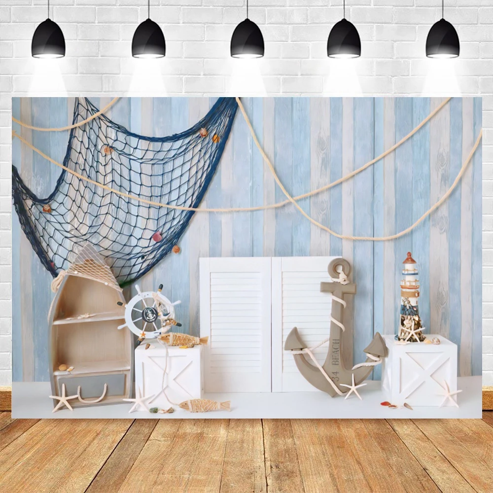 Nautical Rudder Starfish Sea Theme Baby Birthday Portrait Photography Backdrop Wooden Board Splint Sailor Cake Smash Background