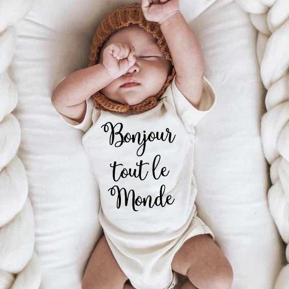 

Bonjour Tout Le Monde French Newborn Baby Bodysuits Boy Girls Comfortable Born Crawling Short Sleeve Jumpsuit Infant Shower Gift