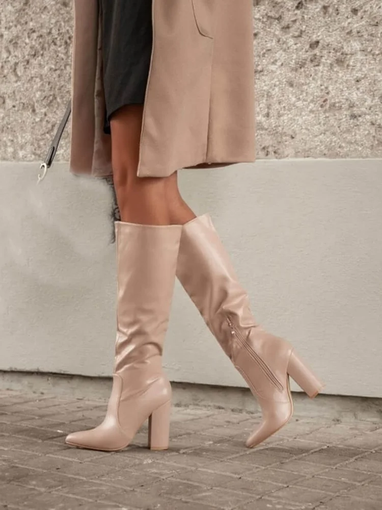 

Nude Leather Boots Block Heel Knee High Classic Runway Dress Women Boots Sexy Pointed Toe Zipper Solid Fashion Winter Shoes