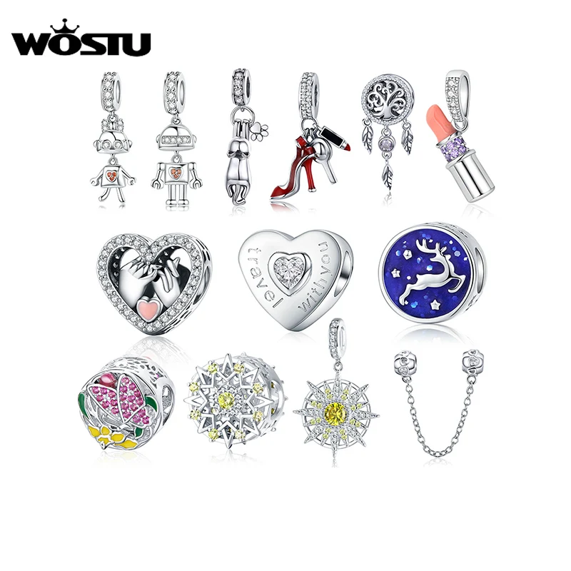 WOSTU Copper Beads Cubic Zirconia Charm Heart Cat Dream catcher Pendant Fit Original Bracelet DIY Necklace Jewelry Accessories