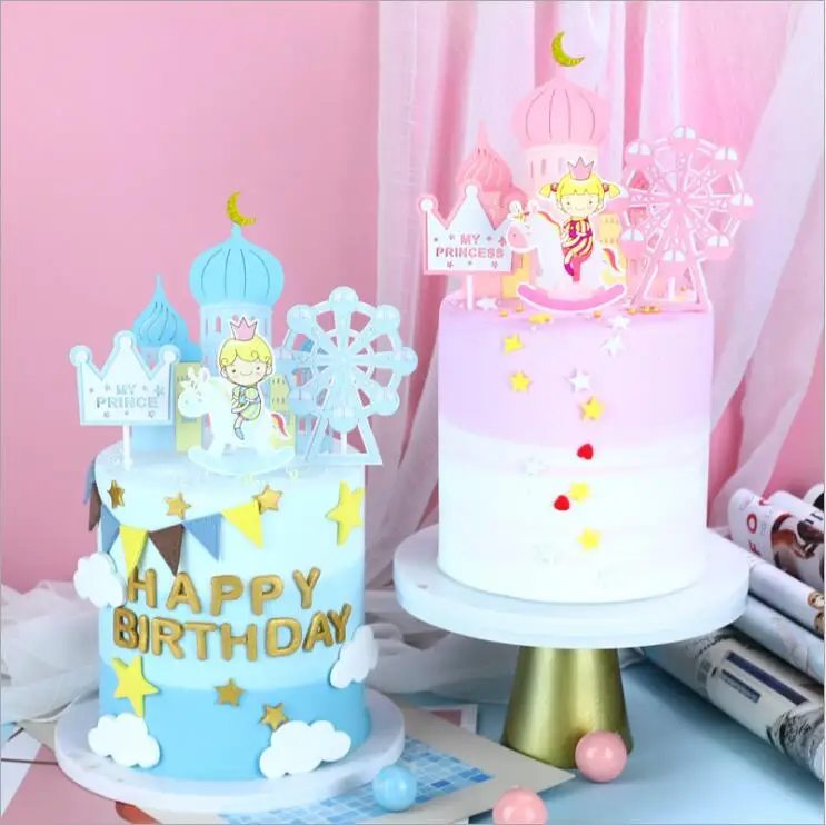 Castle Cake Topper Flags Girls Boys Windmill Prince Happy Birthday Decoration Cupcake Topper For Baby Shower Baking Supplies DIY