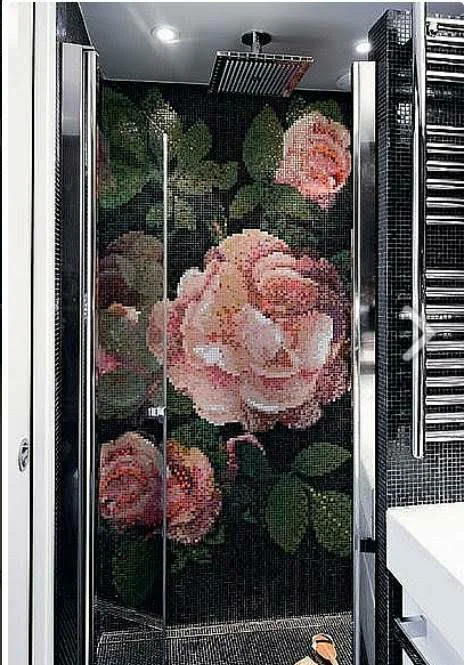 

Puzzle Art Full Bloom Roses Glass Mosaic Tile Mural Wall Decoration for Bathroom Shower Living Room Entrance Hall