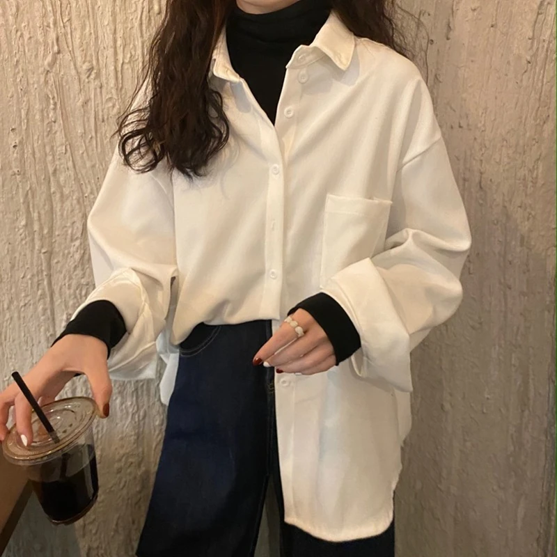 Women's Vintage Corduroy Shirts Autumn Winter Long Sleeve Big Size Tops Korean Ladies Blue Red Pink Coffee White Long Shirt Coat