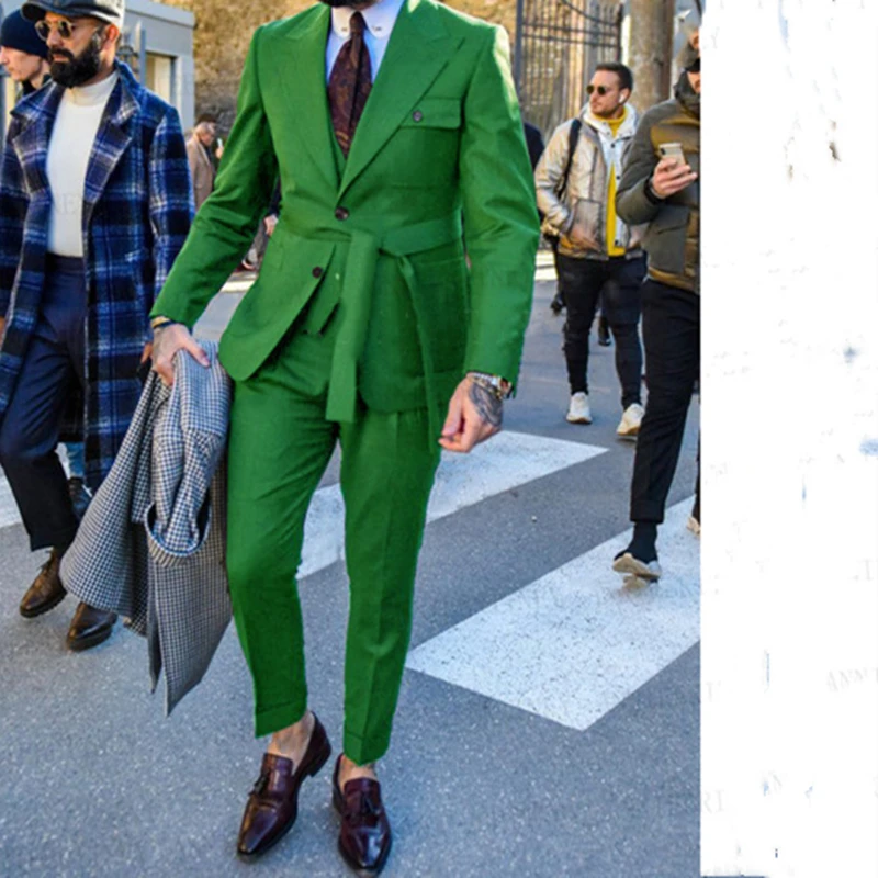 

2021 Autumn Fashion Gentlemen Green Men Groom Wedding Dress Tailor-made Men Slim Fit Suit Belt Jacket Pants Tuxedo Male Clothing