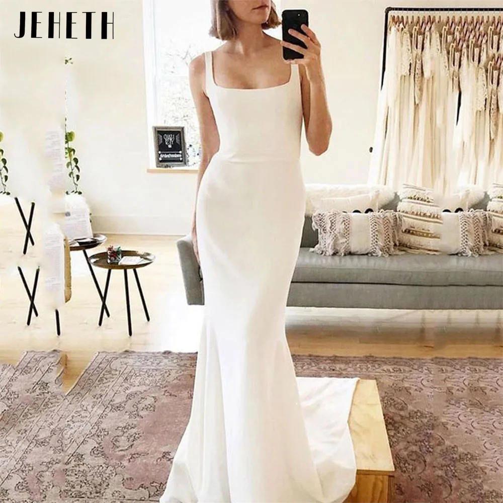 JEHETH Spaghetti pasek syrenka suknie ślubne kobiety kwadratowe dekolt bez pleców proste suknie ślubne miękkie plama szata De Soirée Mariage Spaghetti z syreną suknią ślubną, kobieta z tyłu, prosta suknia ślubna, miękk