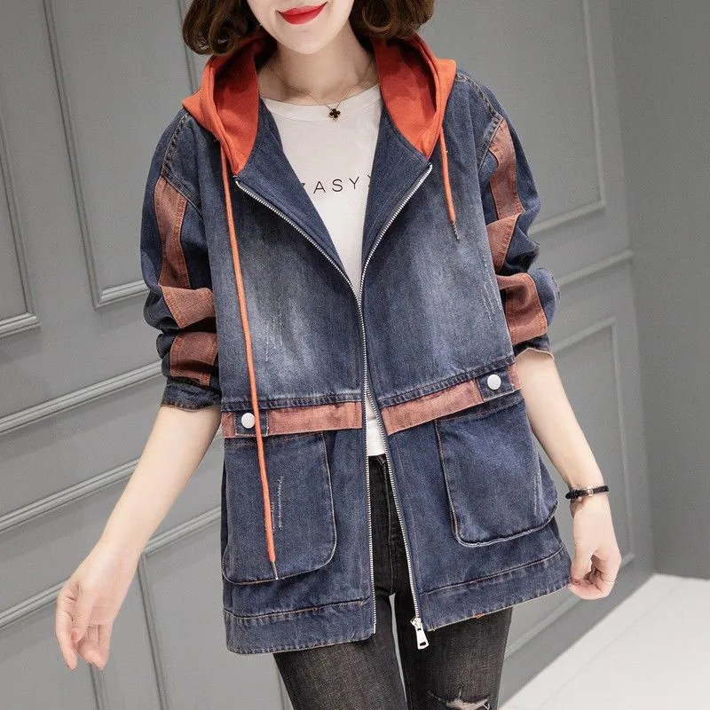 Green Stitching Denim Jacket Female Spring Autumn 2025 New Hooded Cowboy Coat Women Loose Jeans Outwear Ladies Tops