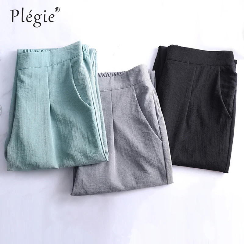 

Брюки женские хлопково-льняные до щиколотки, Тонкие штаны с эластичным завышенным поясом, лето 2020