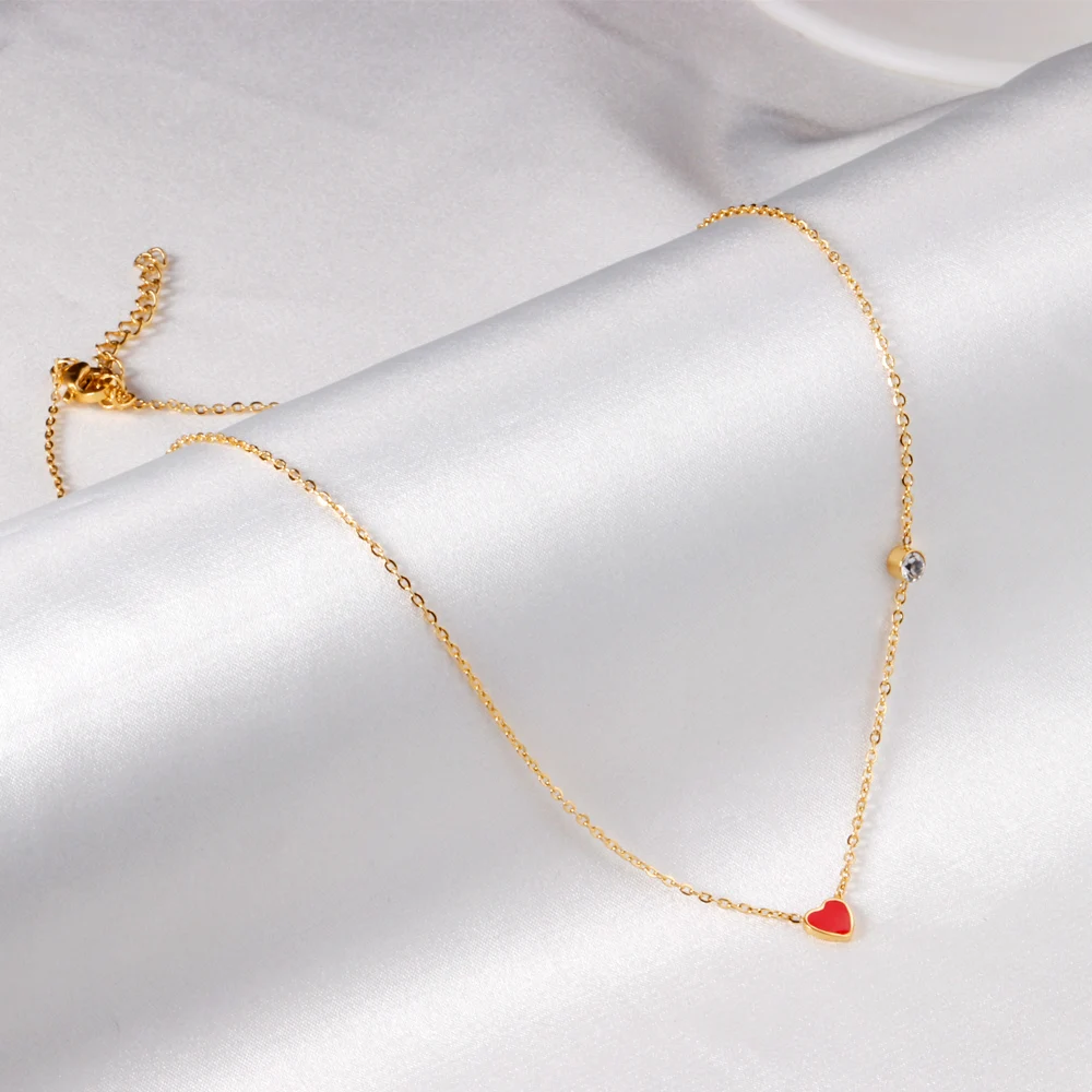 LUXUKISSKIDS Red Heart Pendant With Crystal Stainless Steel Chain Necklace For Girls Fashion Party Jewellry Accessories 2021 Hot