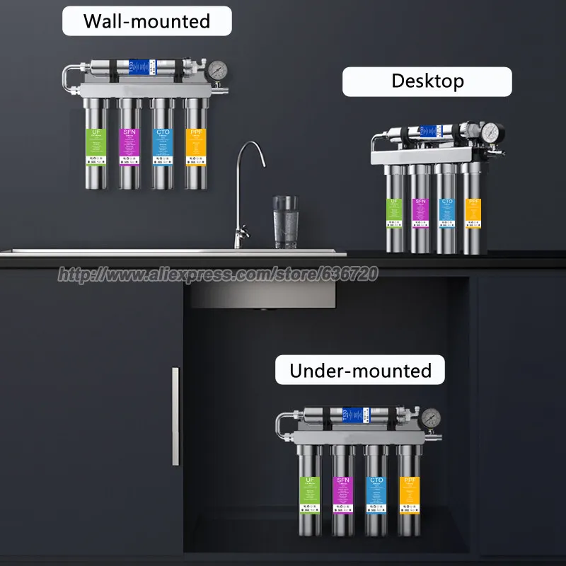 نظام تصفية مياه الفولاذ المقاوم للصدأ 0.01 ميكرومتر تحت نظام تصفية المياه بالوعة، يقلل 99.99% من الكلور والطعم السيئ والرائحة