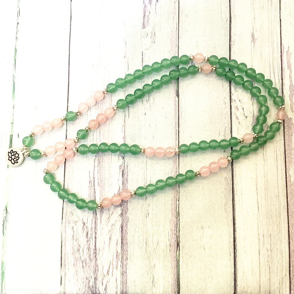 MG0586 New Design 108 Mala For Women Natural 8 mm Green Aventurine Lotus Charm Bracelet Rose Crystal Yoga Bracelet