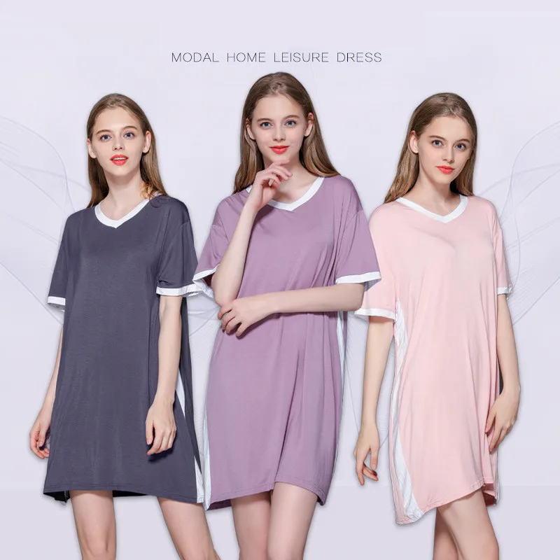 MRMT 2024 Brand Summer New Women's T Shirt Dress Leisure V-collar Splice Loose and Thin T-shirt for Female Medium Long Tshirt