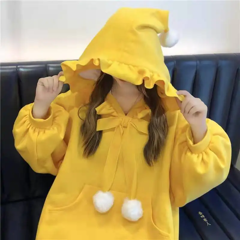 

Women's Hoodie Jumpers Tops Girl Hooded Red Yellow Solid Stitch Loose Pullovers Fleece Furry Ball Cute Kawaii Kangaroo Pocket