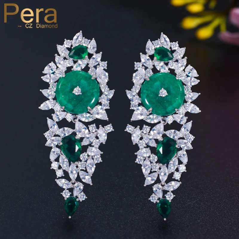 Pera Fashion Design Big Round Green CZ Crystal Women Vintage Ethic Party Jewelry Long Statement Dangle Earrings for Ladies E609