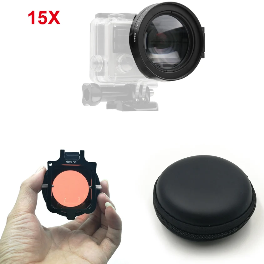 58mm 16x zbliżenie lupa makro czerwony filtr obiektywu dla GoPro Hero 3 + 4 5 6 7 8 9 obudowa ochronna kamera wodoodporna obudowa