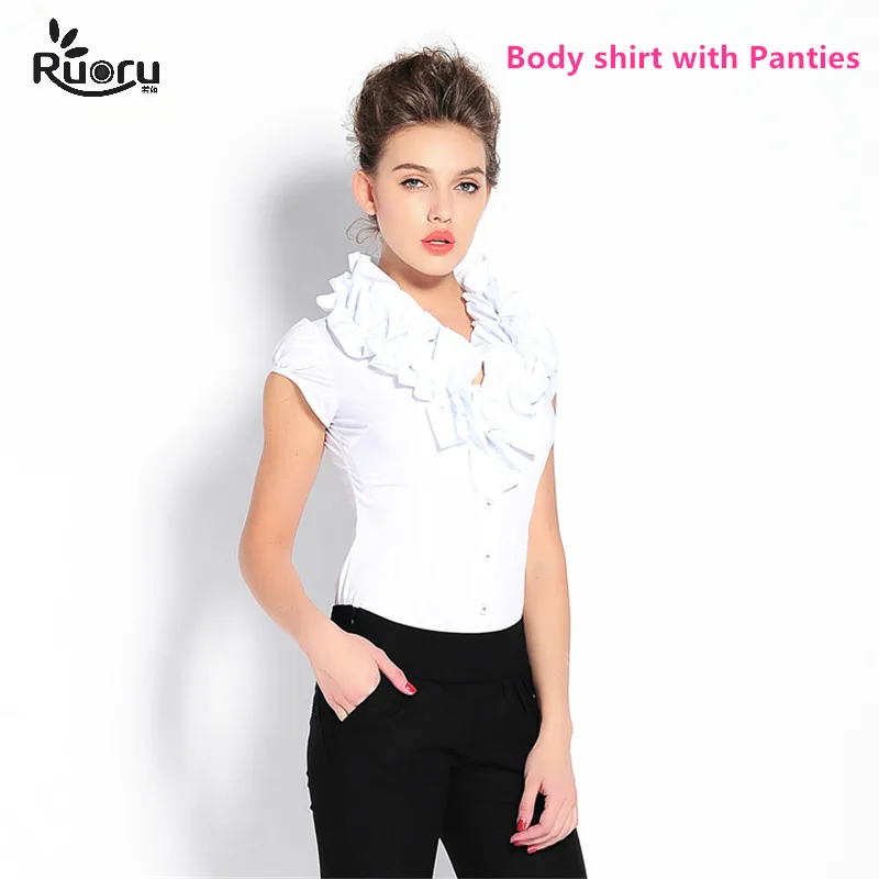 

Ruoru Ruffles Blusa Feminina Uniform Office Shirt Bodysuit Women White Color Tops And Blouses Female Office Lady Body Shirt