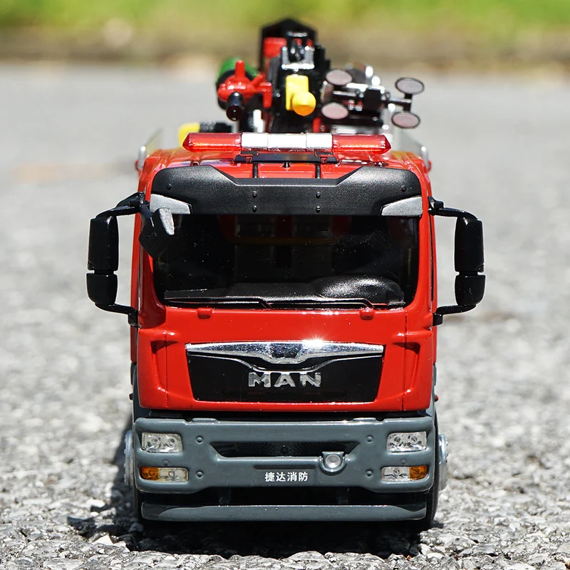 High Quality 1:43 Diecast Jieda Man Fire Truck Models, Scale Rescue Fire Fighting Truck Boost Pumper Truck Model for Gift