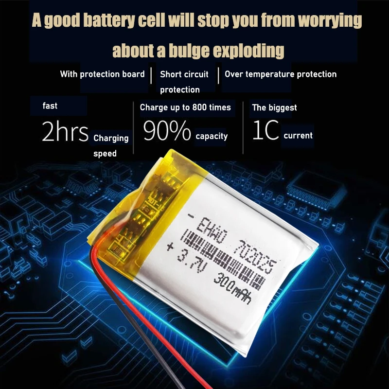3.7V 300mAh 702025 Li-polímero Bateria Recarregável para Mp3 Bluetooth fone de ouvido gravador de vídeo sem fio mouse Li-ion células
