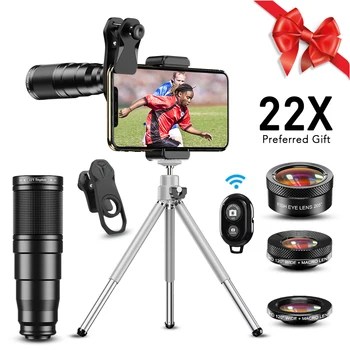 APEXEL New 4in1 22X Telescope zoom Lens Macro Wide Fisheye Lens HD Phone Camera Lens Kit…