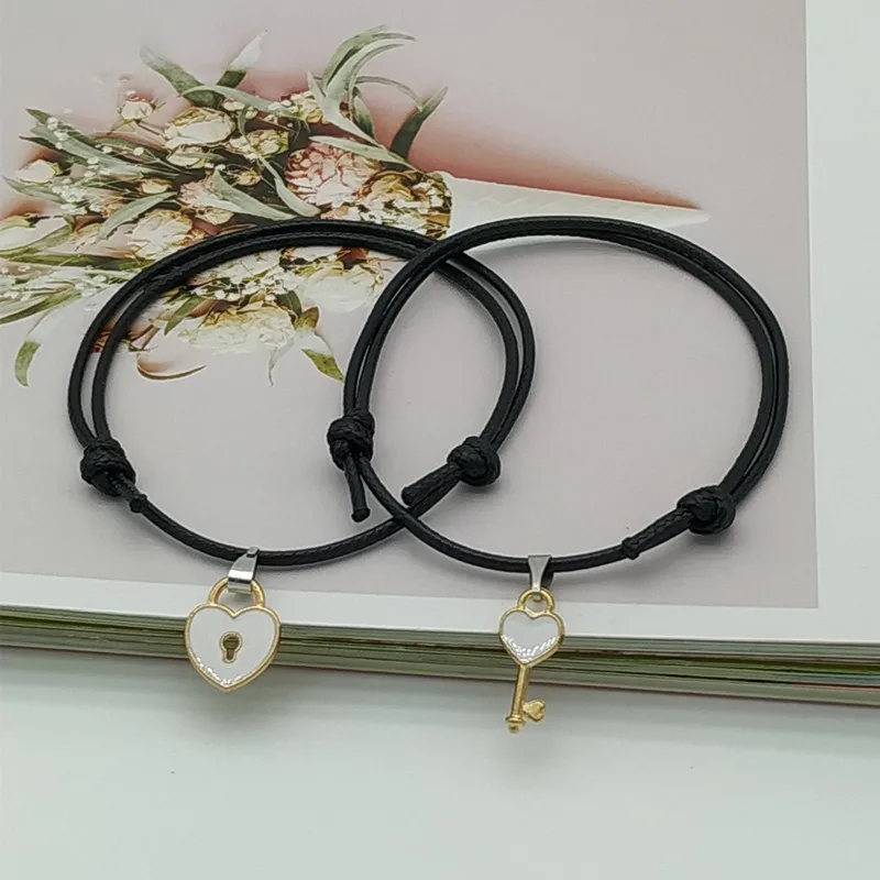 2 pcs set Couple Trendy Bracelet For Friend Lock Key Design Black Color Rope Bracelet Wholesale & Drop shipping Jewelry