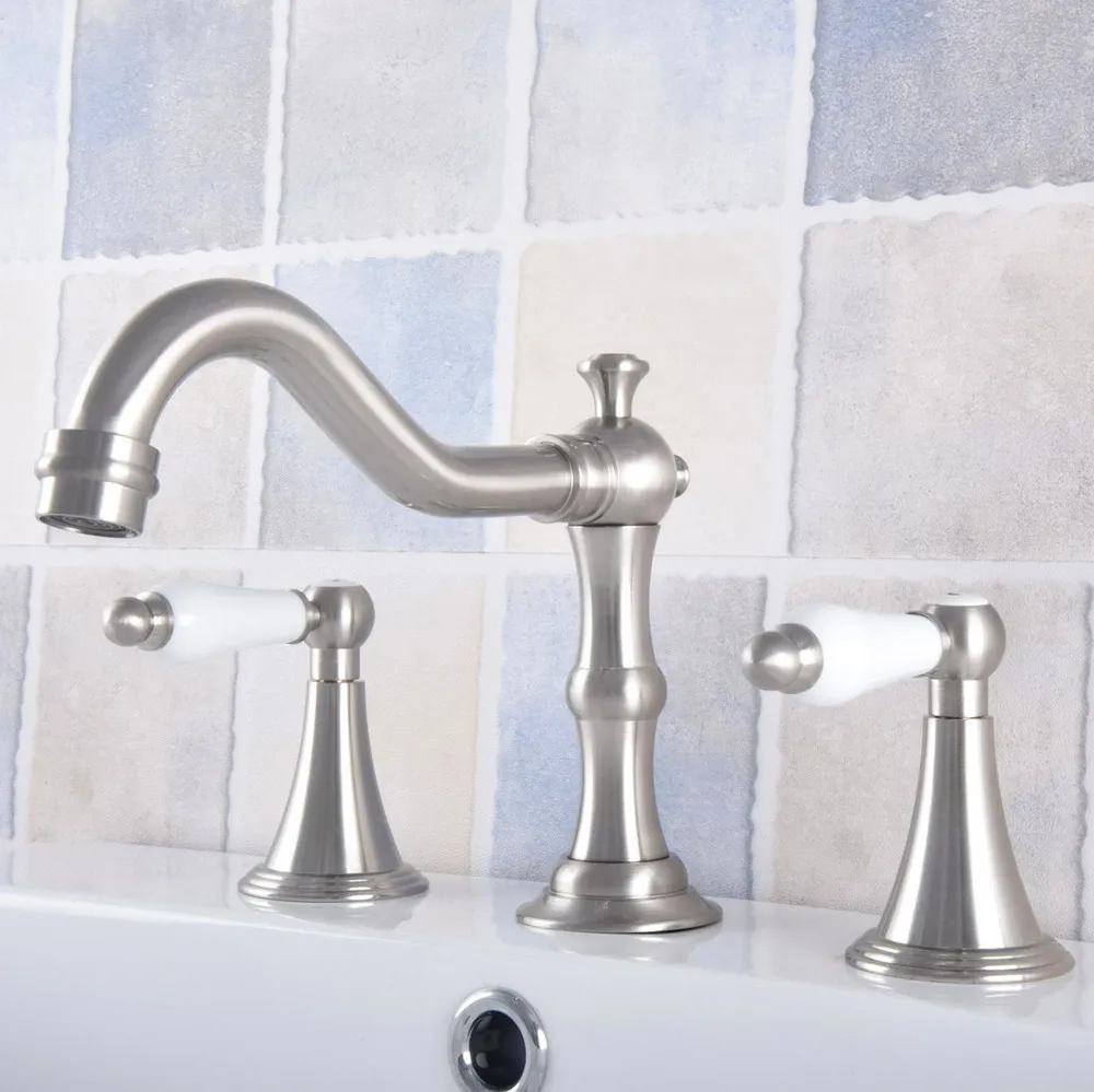 

Brushed Nickel Brass Deck Mounted Bathroom Basin Faucet Widespread Vanity Sink Mixer Tap Three Holes/Two Handles anf686