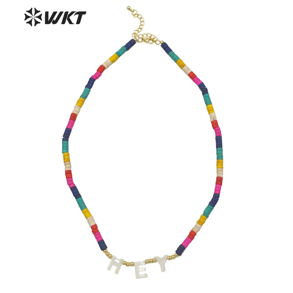 WT-JN159 Wholesale Women Bohemian style green stone beads letter necklace 16 inch choker stone beads 26 letters necklace