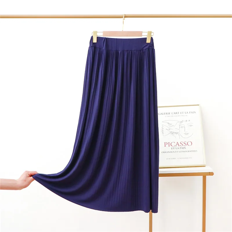 Summer Autumn Women Long Pleated Skirts Elastic High Waist All Match A Line Modal Skirt Female Big Swing Bodycon Maxi Skirt Saia