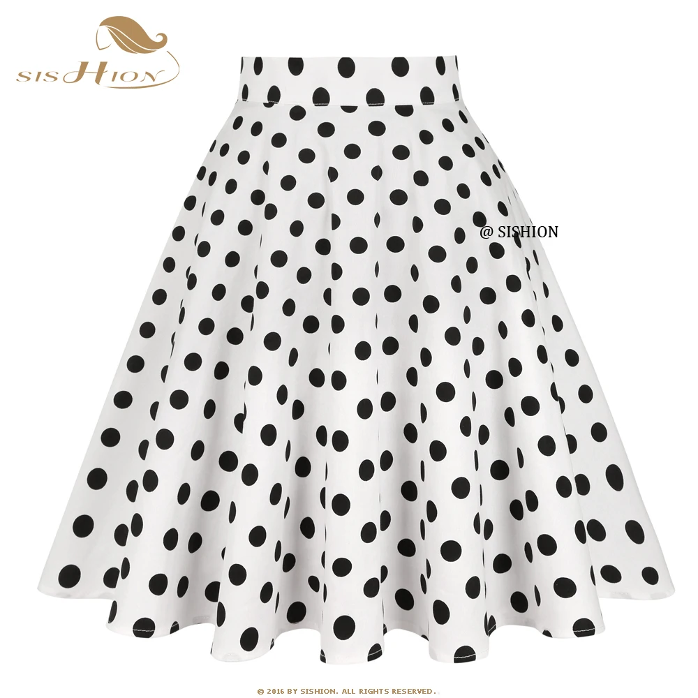 

SISHION Polka Dots Printed White Skirt VD0020 Ladies Women Summer Cotton A Line 50s 60s Retro Swing Vintage Skirts