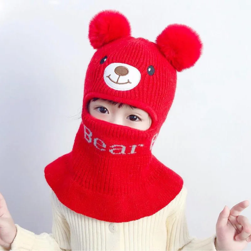 Doitbest Boy girl Beanie Protect neck Cartoon bear Windproof Winter 2 to 5 years old Child knit hat kids girl\'s Earflap Caps
