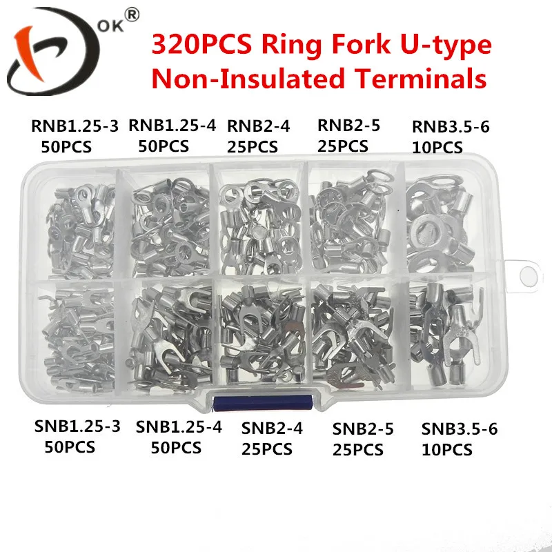 

320pcs/box 10 kinds Non-Insulated Fork U-type Set Terminals Connectors Assortment Kit Electrical Crimp Spade Ring