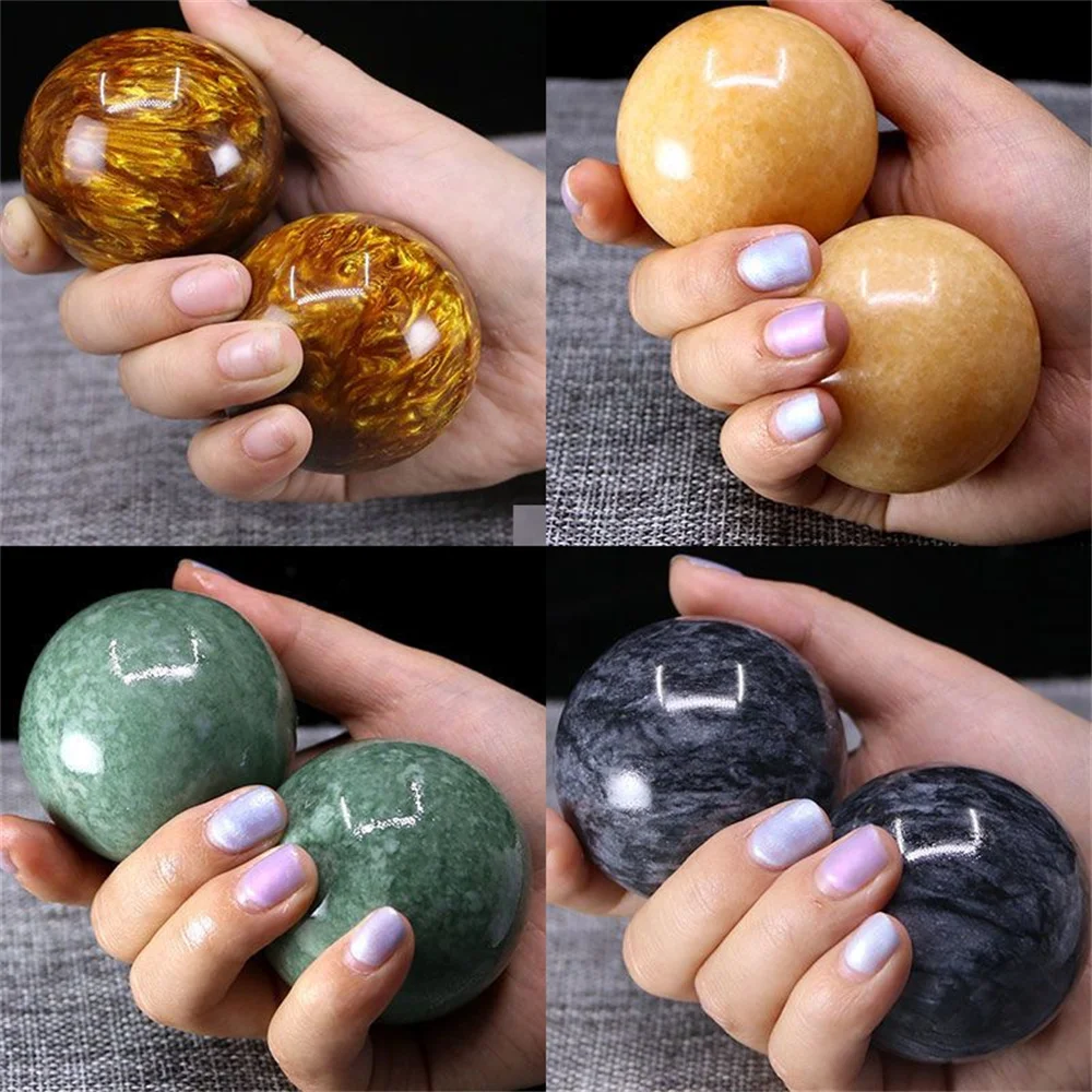 1Pair 50mm Natural Jade Baoding Ball Fitness Handball Quartz Sphere Relaxation Hand Wrist Exercise Massage Therapy Healing Stone