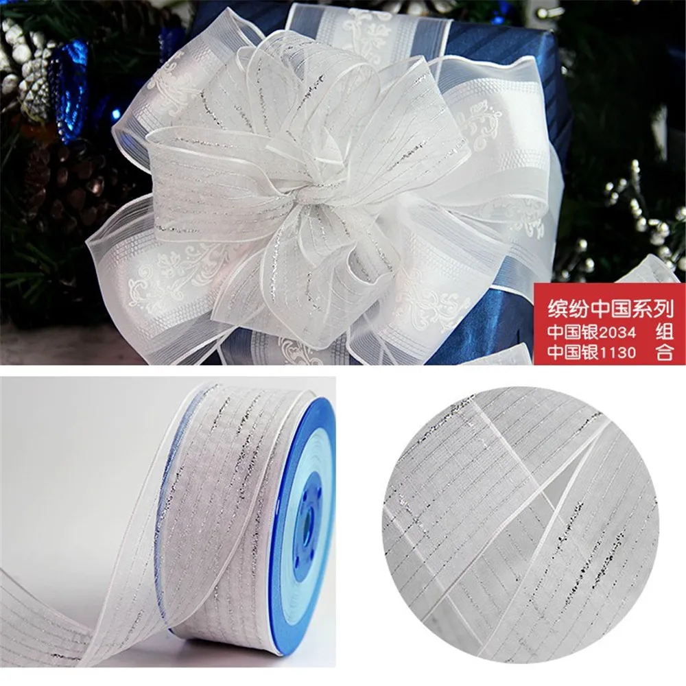 

38MM X 25 Yards White Organza Wire Edge Ribbon with lurex decorate for Birthday Decoration Gift Wrapping 1-1/2"