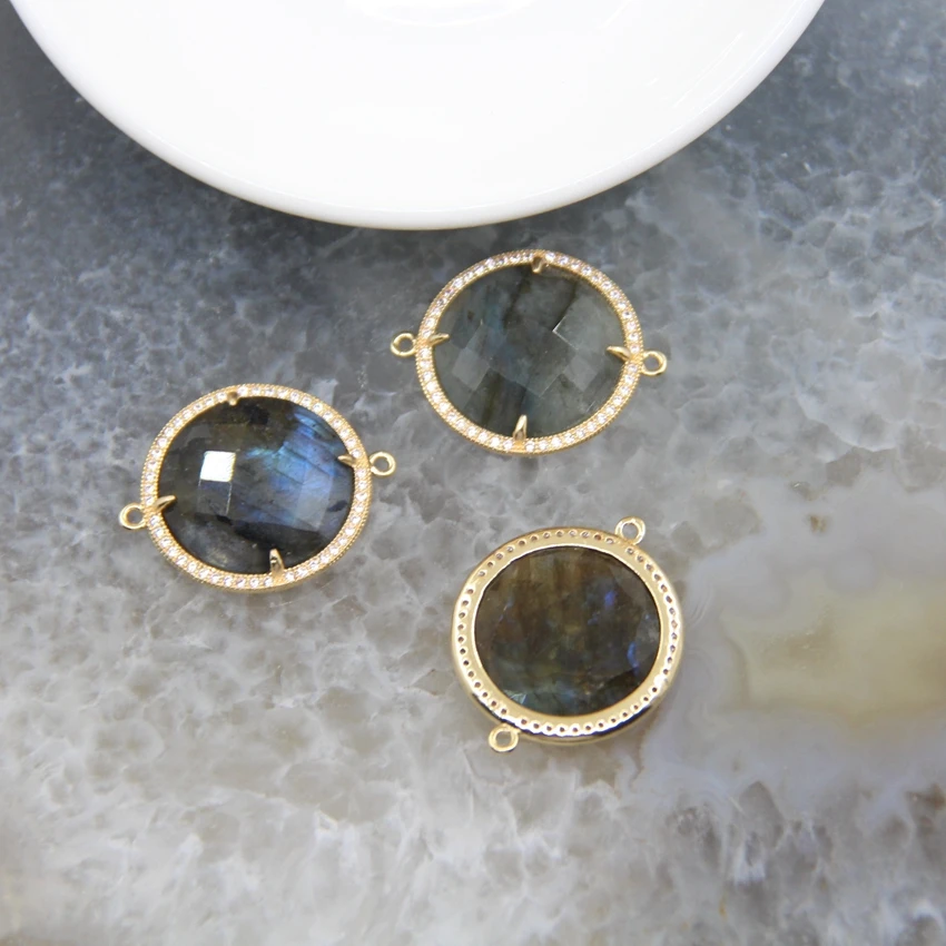Natural Stones Labradorite Round Connector,Faceted Quartz Necklace For DIY Jewelry Bracelet Earring Making Accessories