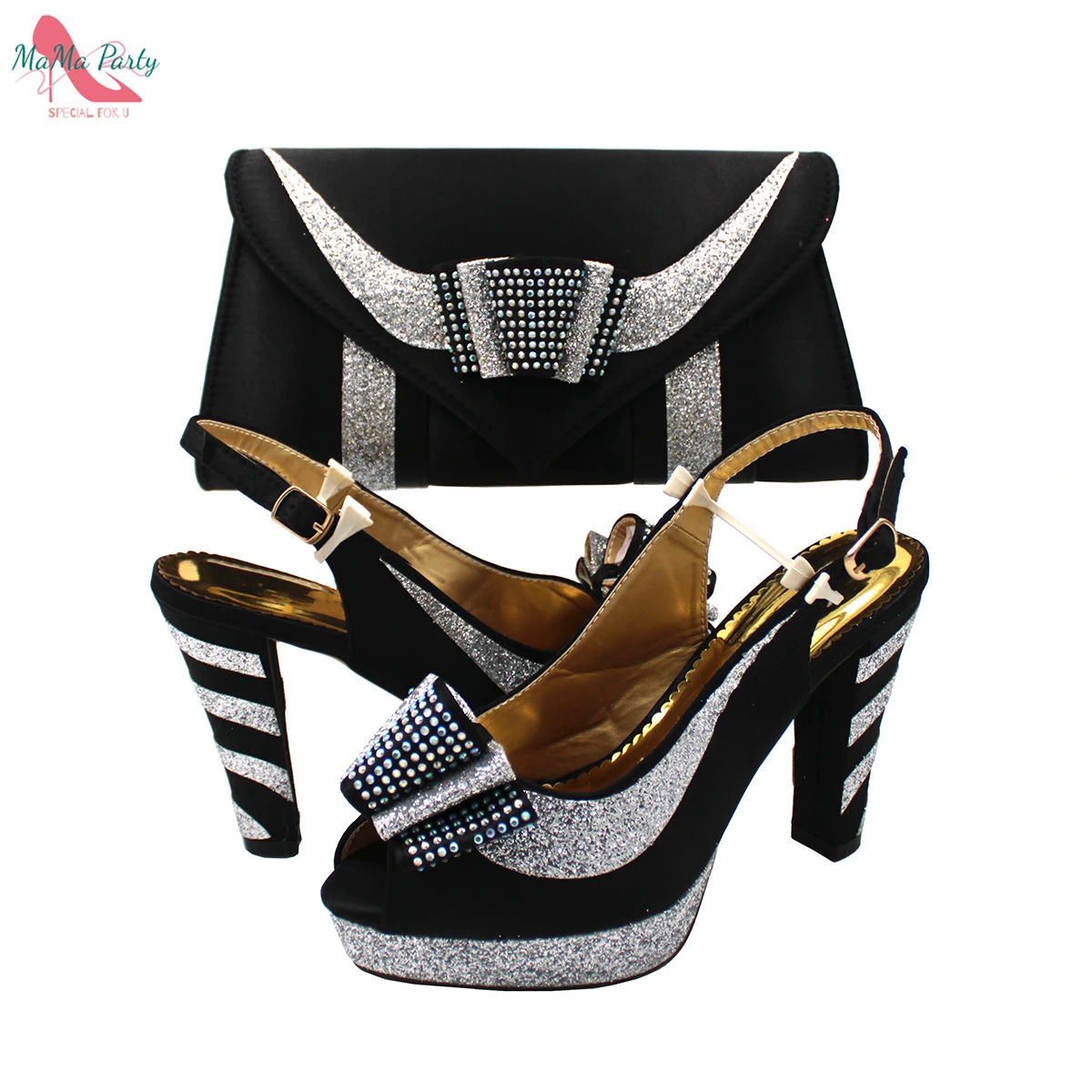 

2022 New Arrivals Fashionable African Women Shoes Matching Bag Set in Black Color Comfortable Heels with Platform for Wedding