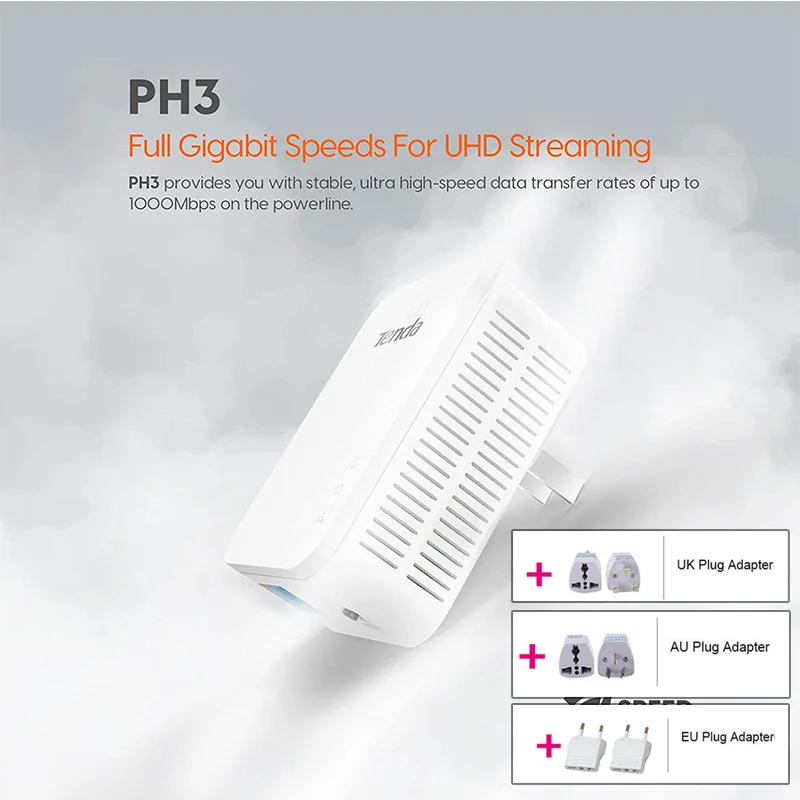 1-Piece Tenda P3 AV1000 Gigabit Powerline Adapter Up to 1000Mbps PH3 Ethernet PLC Homeplug for Router Partner IPTV Extender