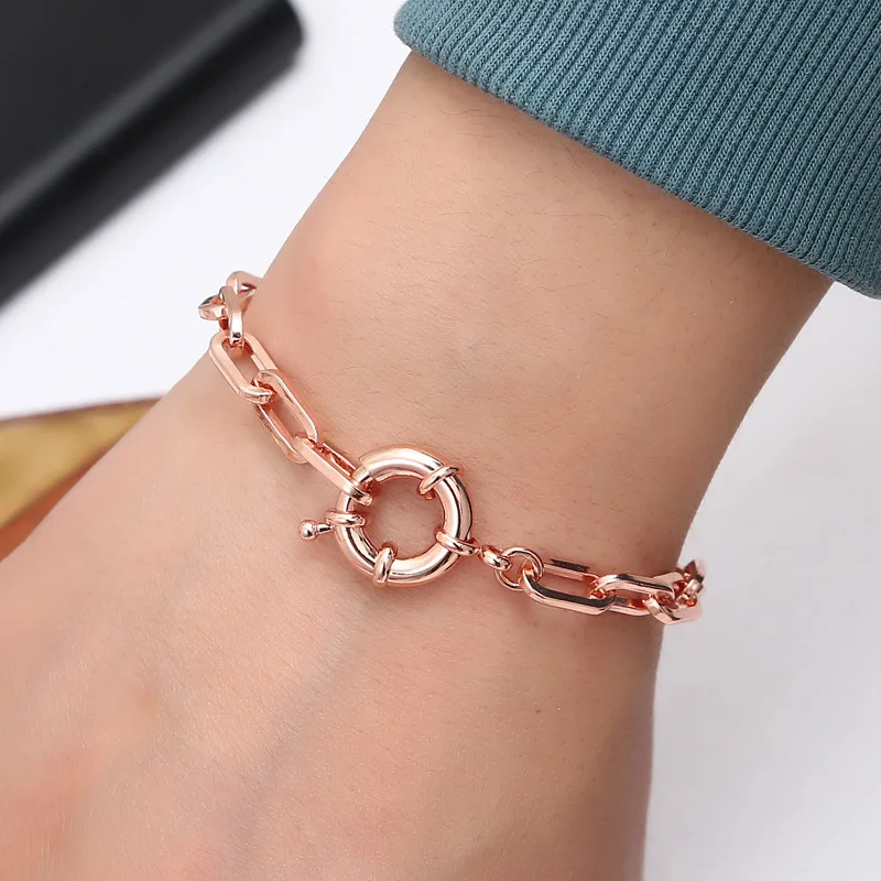 Fashion Punk Style Metal Jewelry Unisex Gift High Quality Copper Paper Clip Chain Circular Spring Buckle Rose Gold Bracelets