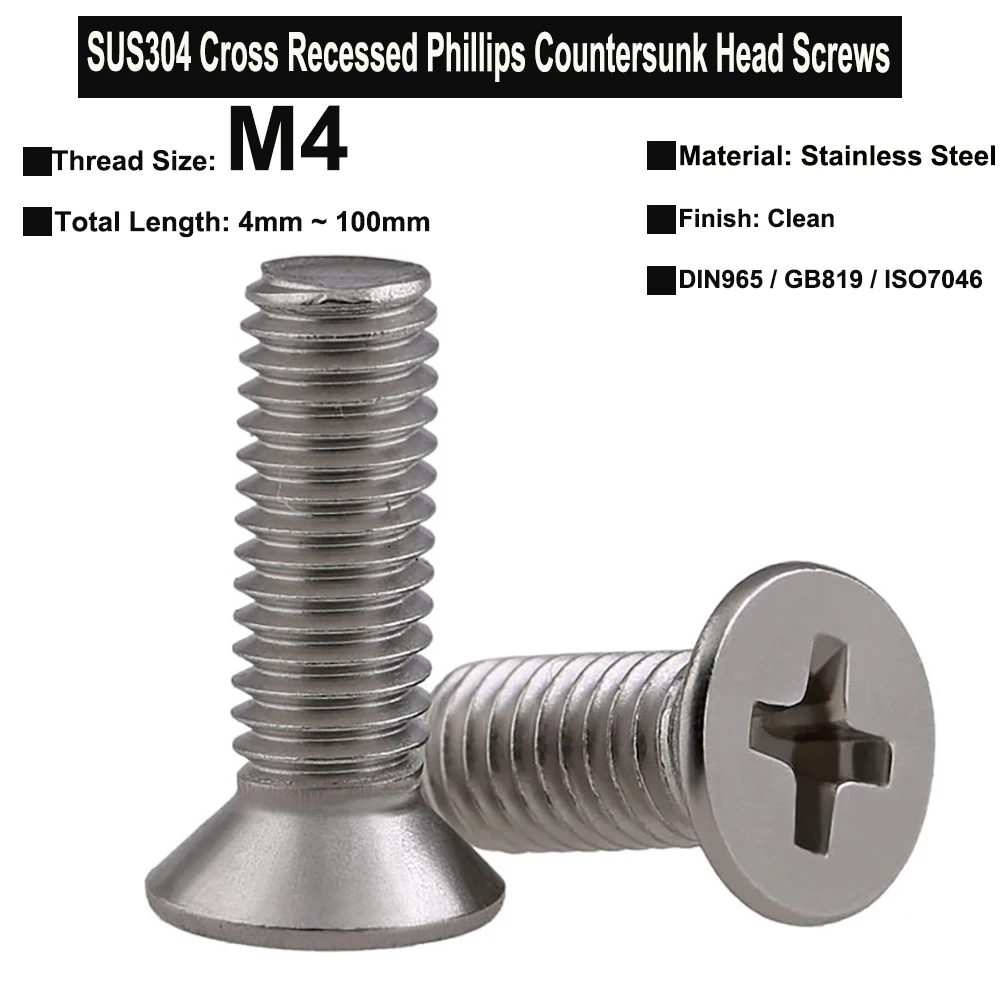 20Pcs/10Pcs/5Pcs M4x4mm~100mm SUS304 Stainless Steel Cross Recessed 90° Countersunk Head Phillips Screws DIN965 GB819 ISO7046