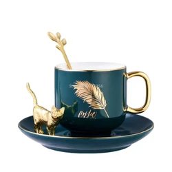 Cat Mug with Spoon Green Cute Cartoon Home Drinking Cups and Saucers Ceramic Coffeeware Set Gift for Friends Tea Cups and Mugs