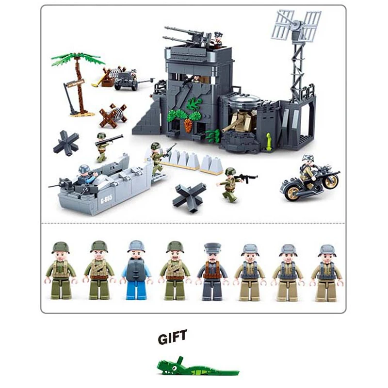 Military German Army Atlantic Fort Bastion MOC Building Blocks Set Weapon War Chariot Soldier WW2 Bricks Classic Model Kids Toys