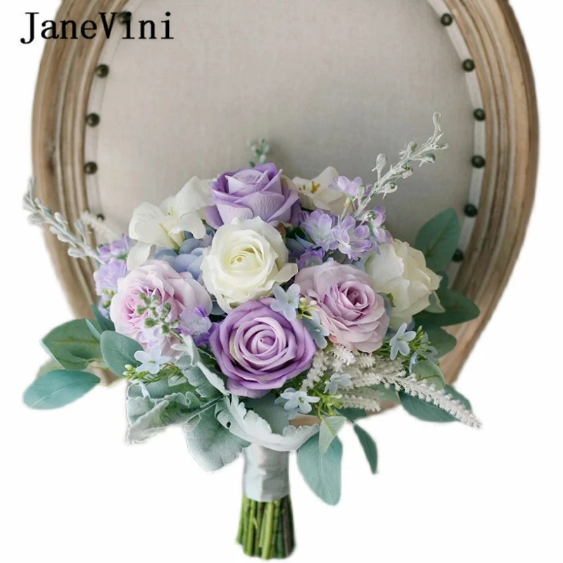 JaneVini Boeket Bloemen Purple Artificial Rose Bride Flower Wedding Bouquet Flowers Bridal Bouquets Accessory Ramo Flores Novia