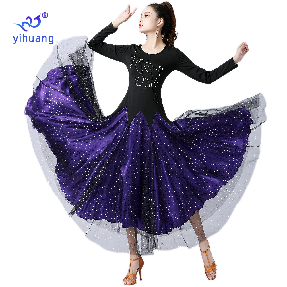 

Ballroom Dance Dress Women Performance Wear Costumes Modern Standard Tango Waltz Practice Dress Long Sleeves Sequin Big Swing