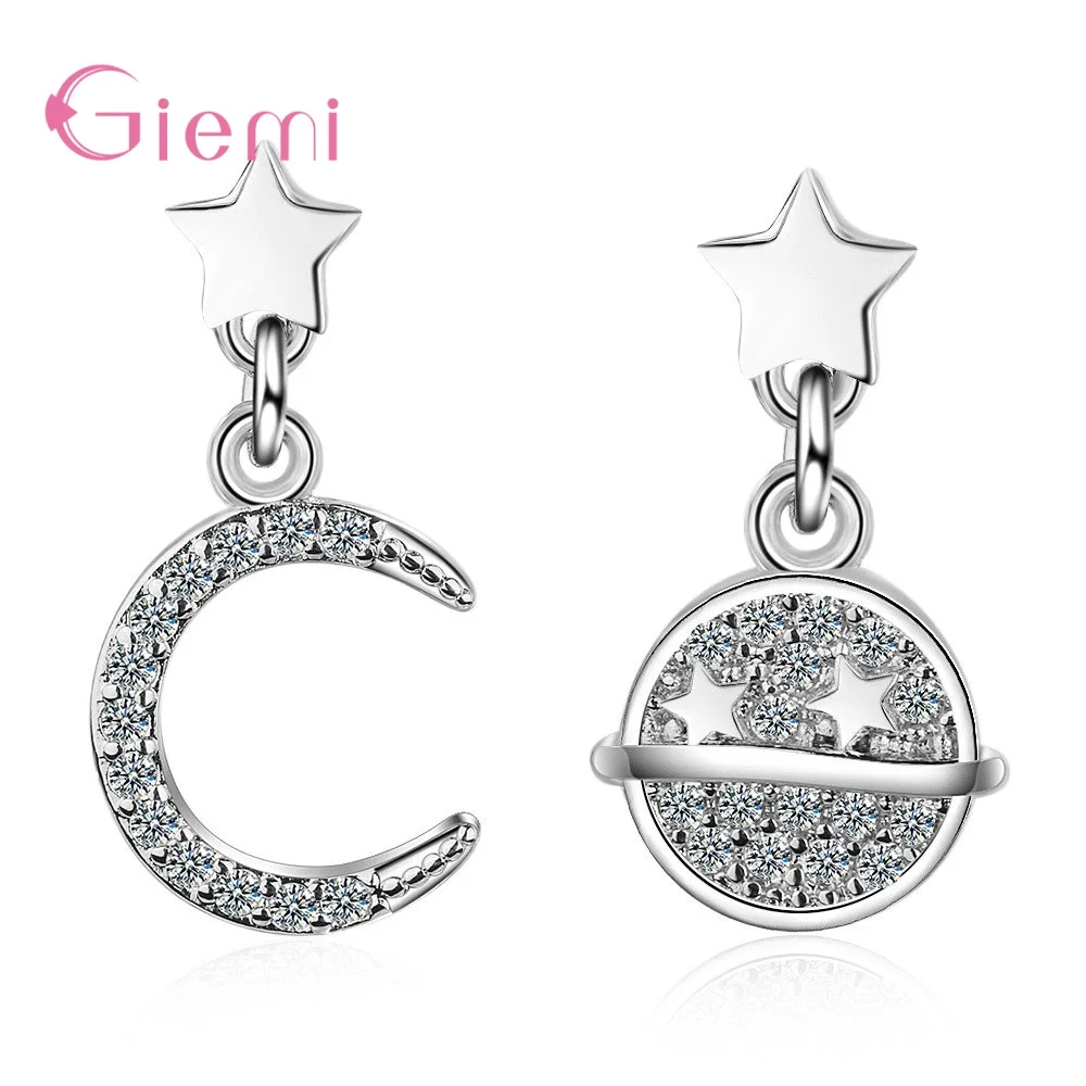 Fashion Asymmetric 925 Sterling Silver Rhinestone Star Moon Universe Planet Stud Earrings for Woman Jewelry Gifts Pendientes