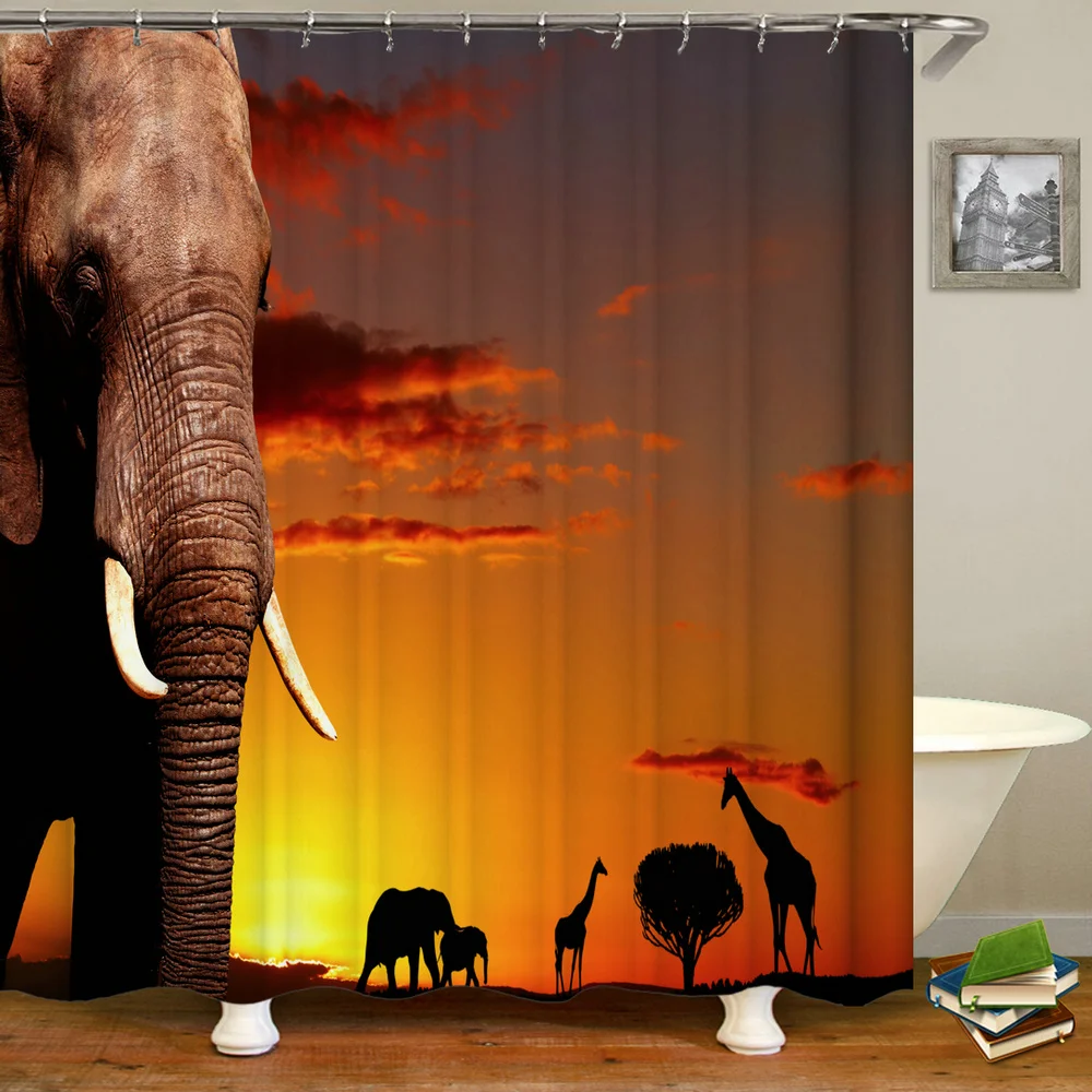 Interesting Animal Shower Curtains Elephant Pink Balloon Blue Sky White Cloud Birds Bathroom Decor Waterproof Cloth Curtain Set