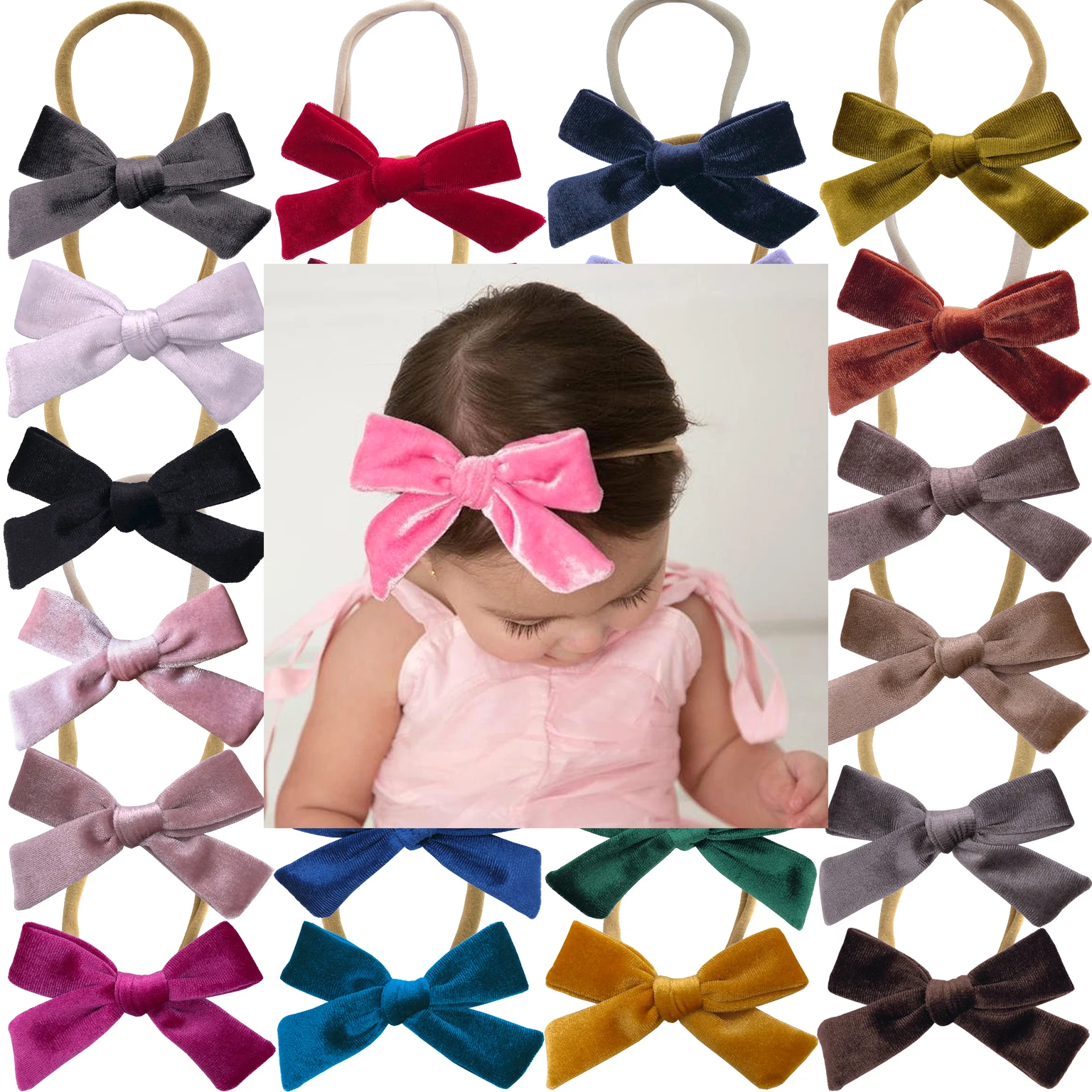 Velvet Fabric 3.5 inch Bow Headbands Baby Girls bow Nylon Hairband Accessories Kids Toddler Bows Hair Elastic Bands  Headwear