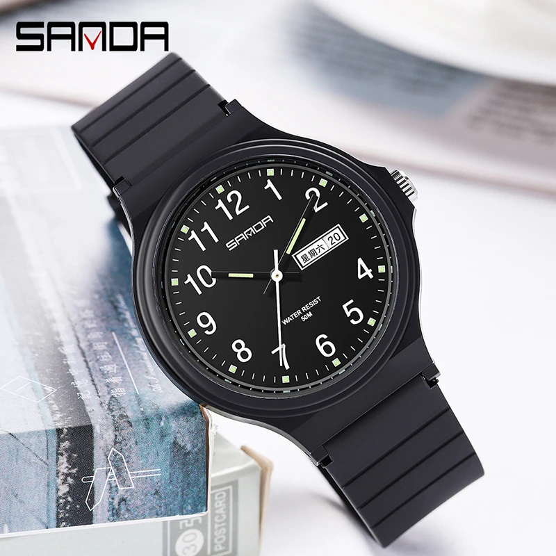 Sanda-Relógio de quartzo estilo minimalismo para senhoras, relógio de pulso simples, relógio impermeável preto e branco, marca top, moda