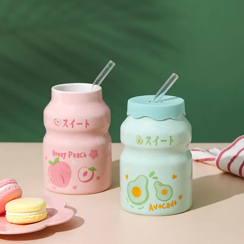 

Ceramic Water Cup Large Capacity 500ml Coffee Mug with Lid Girl Cute Straw Cup Fruit Avocado Strawberry Cup Tea Cup Yogurt Cup