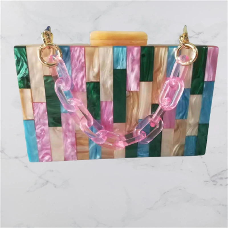 Brand Fashion Designer Women Acrylic Colorful Striped Patchwork Evening Bag Luxury Party Handbag Woman Checkered Box Clutch Purs