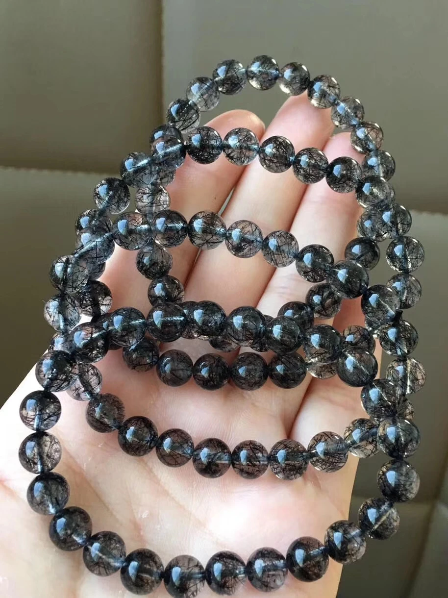 Natural Black Rutilated Quartz Crystal Bracelet Woman Man 7mm 8mm 9mm Wealthy Rutilated Round Beads Fashion Reiki Bangle AAAA