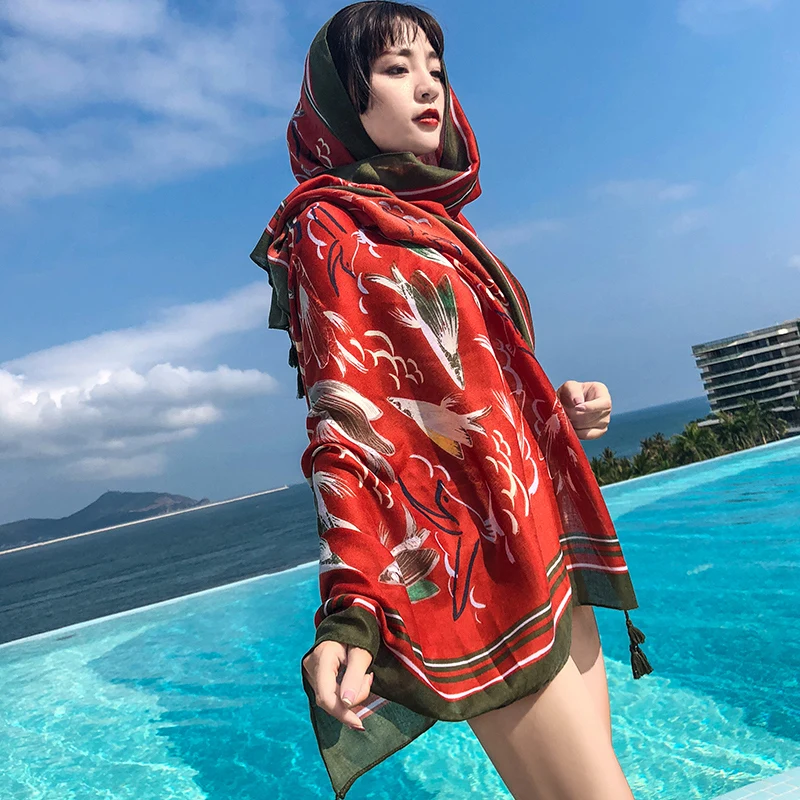 New scarf ladies summer national wind shawl scarf dual-use beach towel large sunscreen scarf red exotic boho