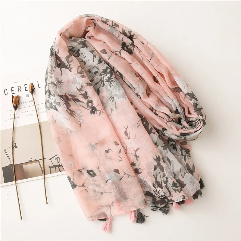 2023 Spain Luxury Brand Pink Retro Floral Tassel Viscose Scarf Women Print Shawls and Wraps Pashmina Stole Muslim Hijab 180*90Cm